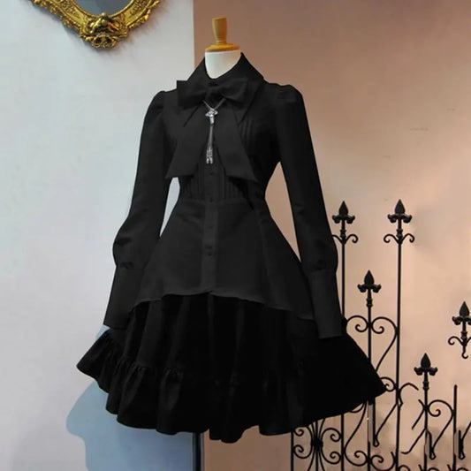 2025 Summer Elegant Party Black Gothic Lolita Dress – Big Size Bow Collar Pleated Lace-Up Vintage Goth Dress