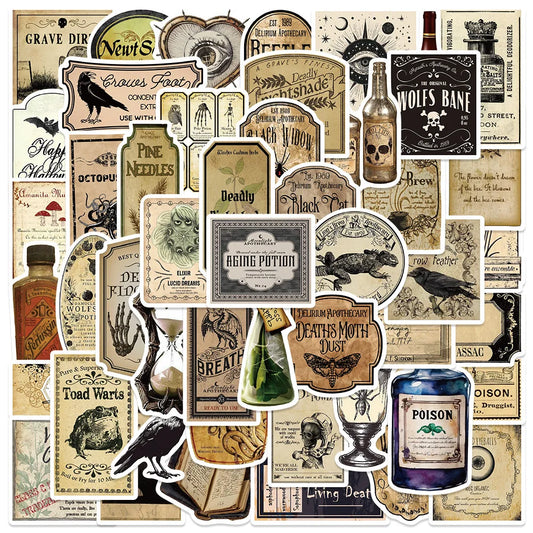 10/50/100pcs Halloween Vintage Potion Bottle Labels Stickers – Retro Horror Gothic Decals for Suitcase, Scrapbooking & Laptop