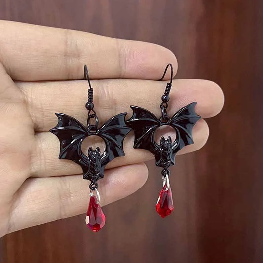 2024 Gothic Vampire Bat Earrings – Vintage Red Crystal Bat Pendant Ear Hooks for Women & Men, Witch Fashion Jewelry Accessories