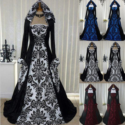 2024 Halloween Party Costume – Vintage Scary Gothic Long Sleeve Hooded Wicca Witch Medieval Long Gown for Women