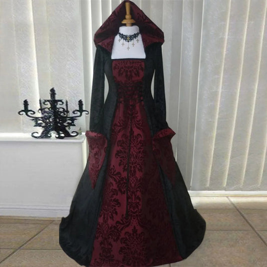 2024 Halloween Party Costume – Vintage Scary Gothic Long Sleeve Hooded Wicca Witch Medieval Long Gown for Women