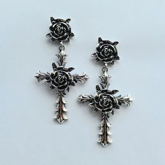Dark Gothic Black Rose Flower Drop Earring for Women – Cross Punk Goth Fashion Jewelry